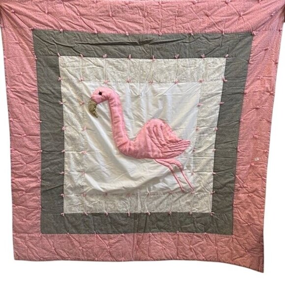 Handcrafted Flamingo Quilt Throw Blanket 80" x 80" Pink White & Gray - Picture 1 of 8
